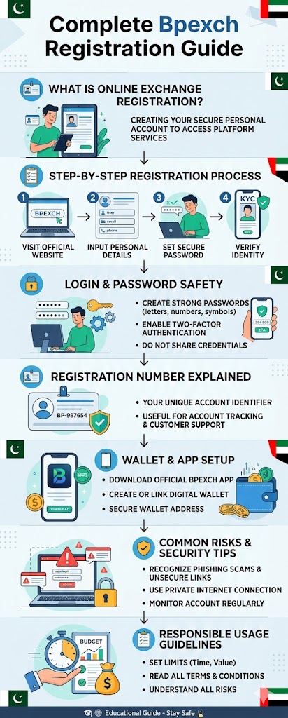 Infographic explaining bpexch registration steps including account sign up, secure login, registration number, mobile app setup, and online safety tips