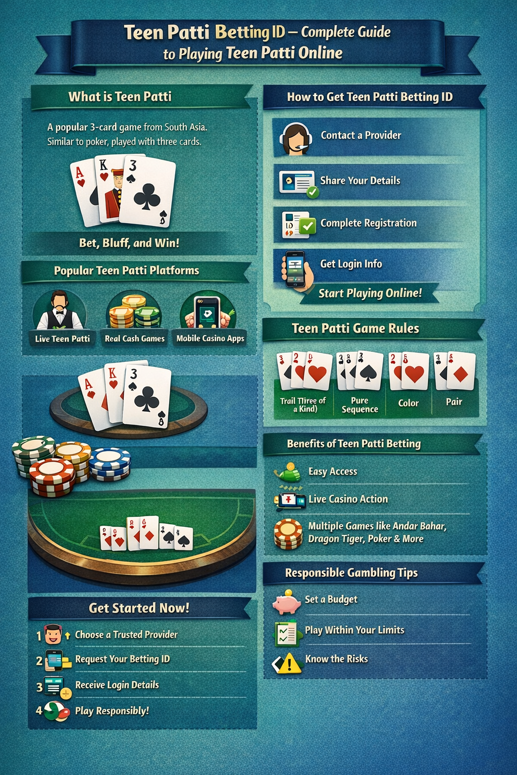 teen patti betting id guide infographic showing account creation steps and game rules