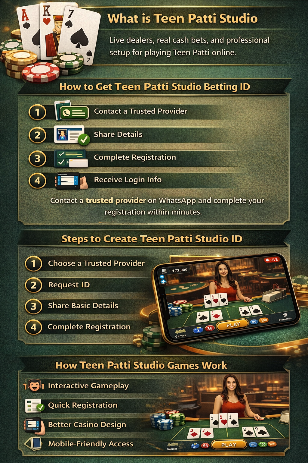 teen patti studio betting id guide infographic with registration steps and live game overview