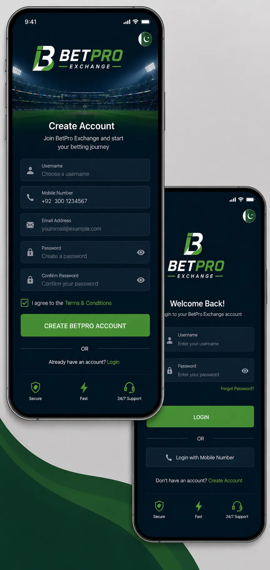 BetPro account create guide showing login screen and registration form on mobile for Pakistani users
