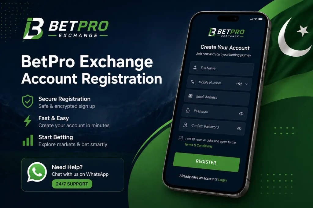Step-by-step BetPro exchange account registration guide for Pakistan showing registration form and WhatsApp support