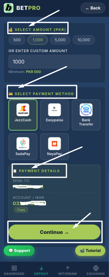BetProExch app deposit request form — JazzCash Easypaisa and bank transfer payment options for Pakistan