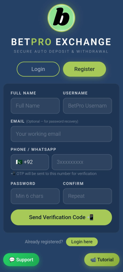 BetPro Vault sign up page — new user registration form with name phone and password fields on Android