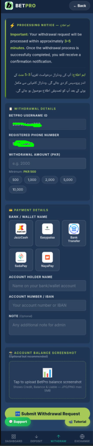 BetPro Vault withdrawal request form — amount and payment account details for JazzCash and Easypaisa Pakistan