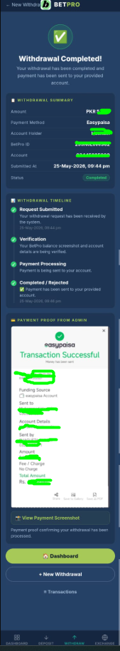BetPro Vault withdrawal status screen — showing funds pending or processed for Pakistani users