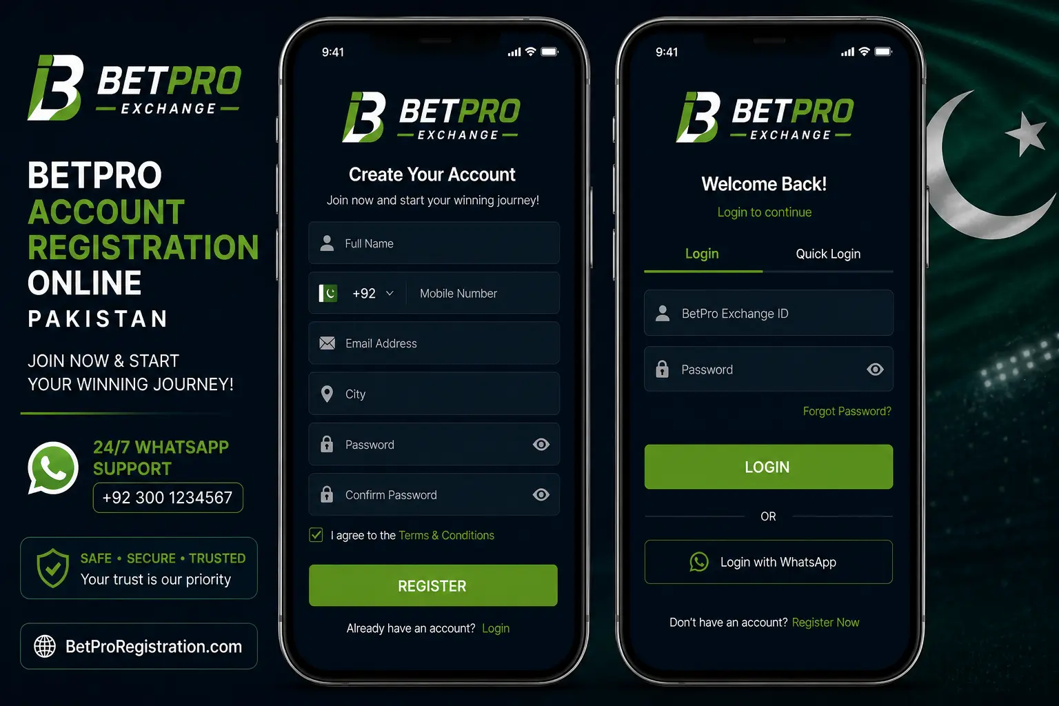 BetPro account registration online Pakistan showing mobile screen with registration form and login screen