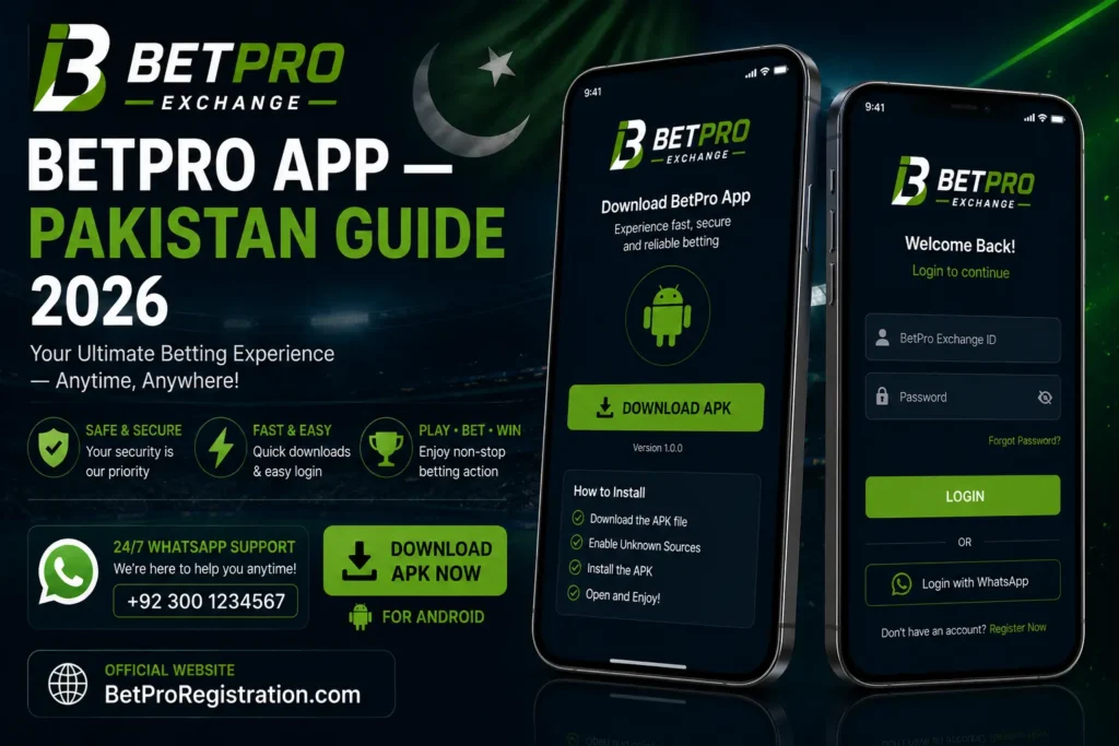 BetPro app download guide for Pakistan showing mobile screen with APK installation and login