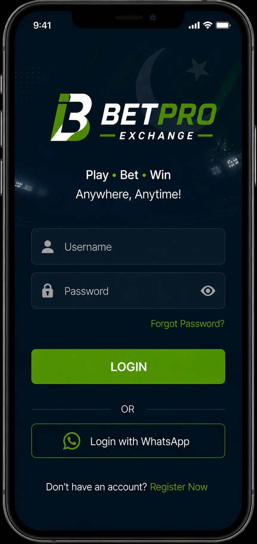 BetPro exchange app login screen on Android phone showing username and password fields for Pakistani users