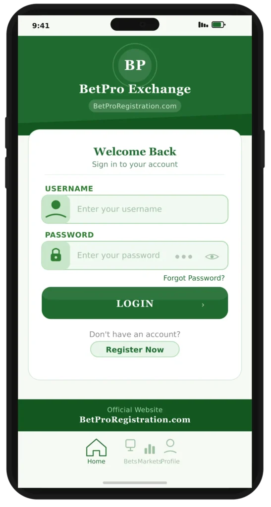 BetPro Exchange ID Pakistan login screen on Android phone showing username and password fields with green login button