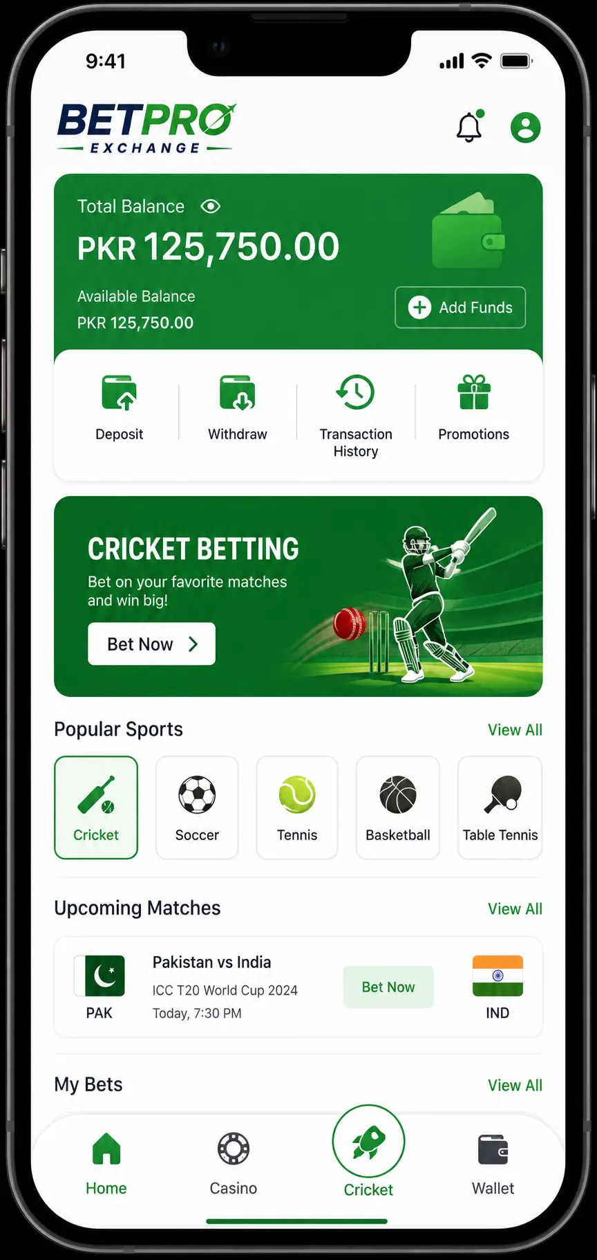 BetPro Exchange Pakistan account dashboard after registration showing cricket betting and casino options