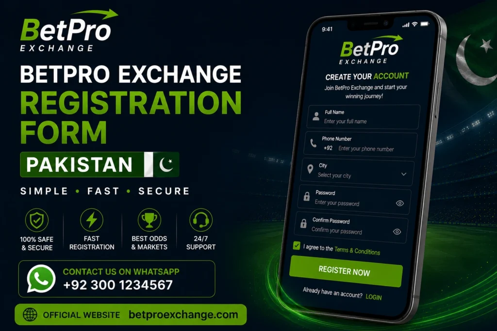 BetPro Exchange registration form shown on mobile screen for Pakistan users with step-by-step fill guide