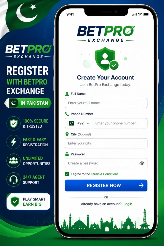 BetPro Exchange registration Pakistan mobile sign up screen for Pakistani users