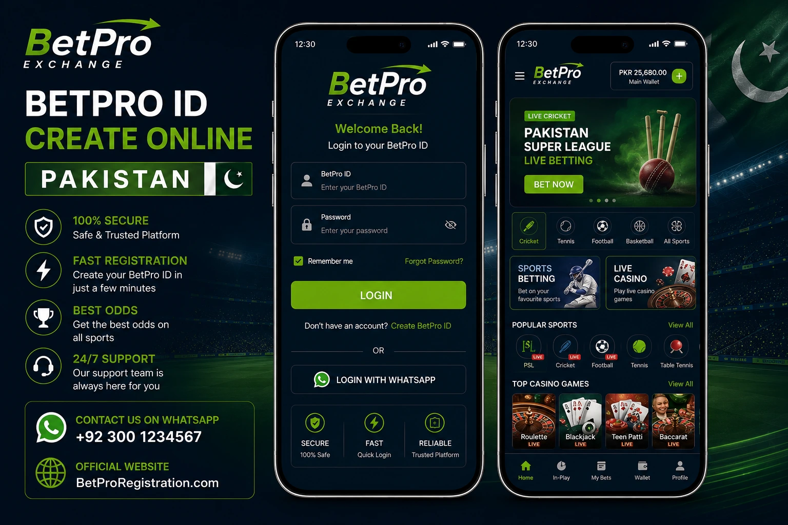 BetPro ID create online login screen and account dashboard shown on mobile for Pakistani users