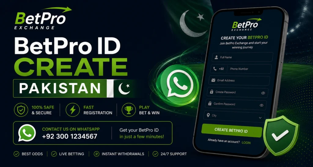 BetPro ID create guide showing registration form on mobile screen for Pakistan users with WhatsApp support