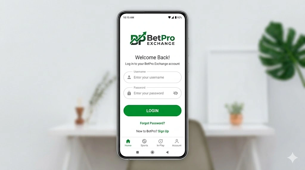 BetPro ID Pakistan login screen on Android phone showing username and password fields for Pakistani user