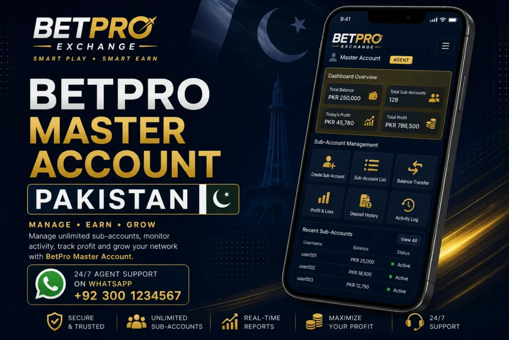 BetPro master account guide showing agent dashboard on mobile screen for Pakistan users with WhatsApp support