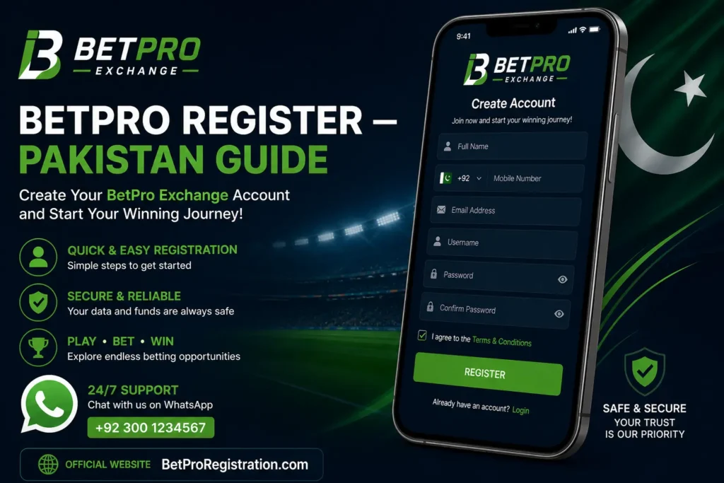 BetPro register guide showing registration form on mobile screen with WhatsApp support for Pakistani users