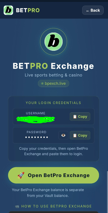 BetPro Exchange betting page — live cricket and casino markets for Pakistani users