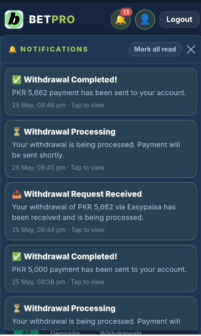 BetPro Vault in-app notification centre — account activity alerts inside the app for Pakistani users