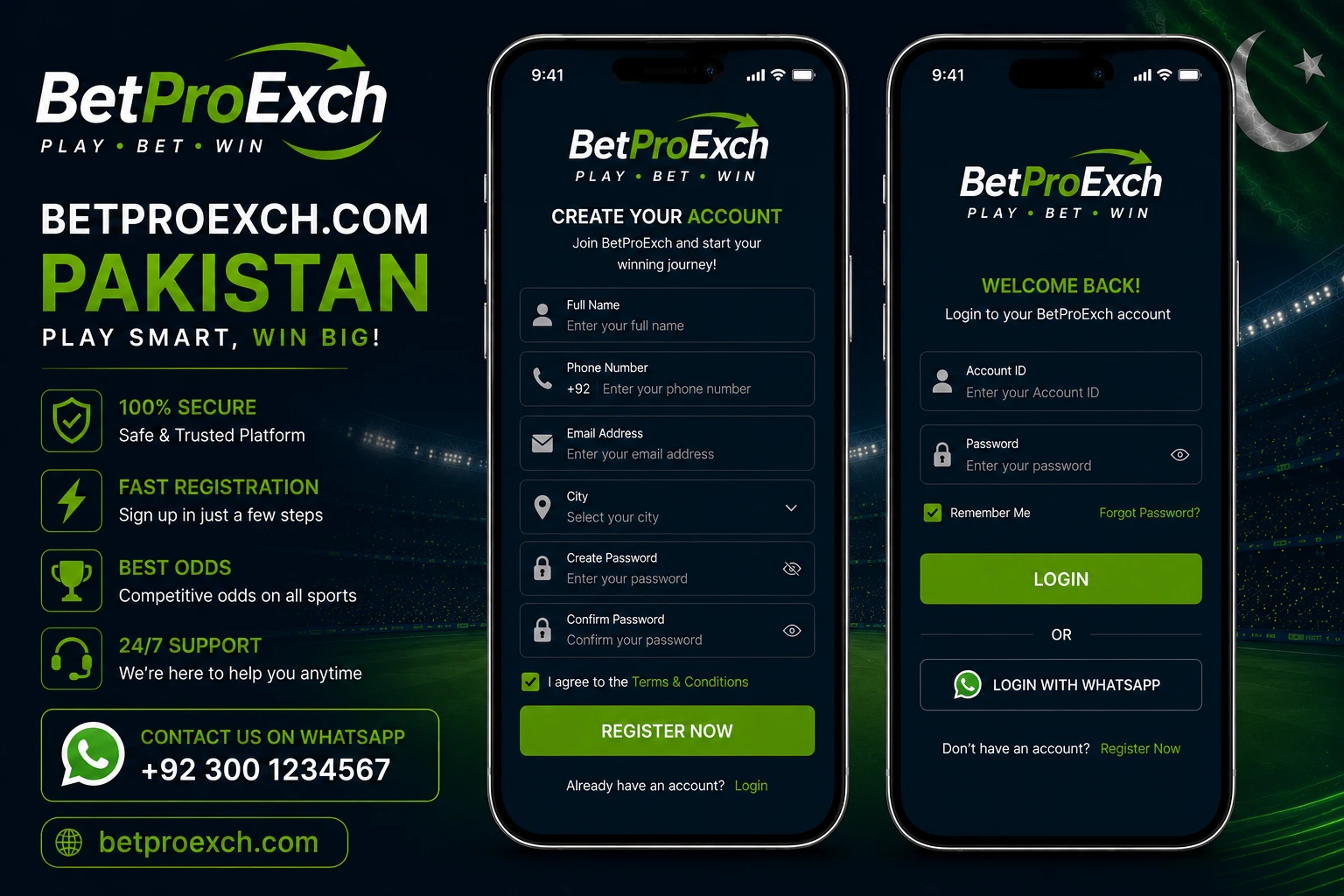 BetProExch com registration form and login screen shown on mobile phone for Pakistani users