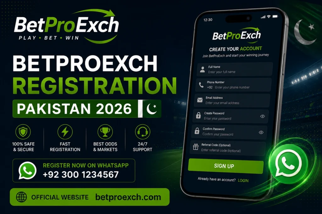 BetProExch registration guide showing sign up form on mobile screen for Pakistani users with WhatsApp support