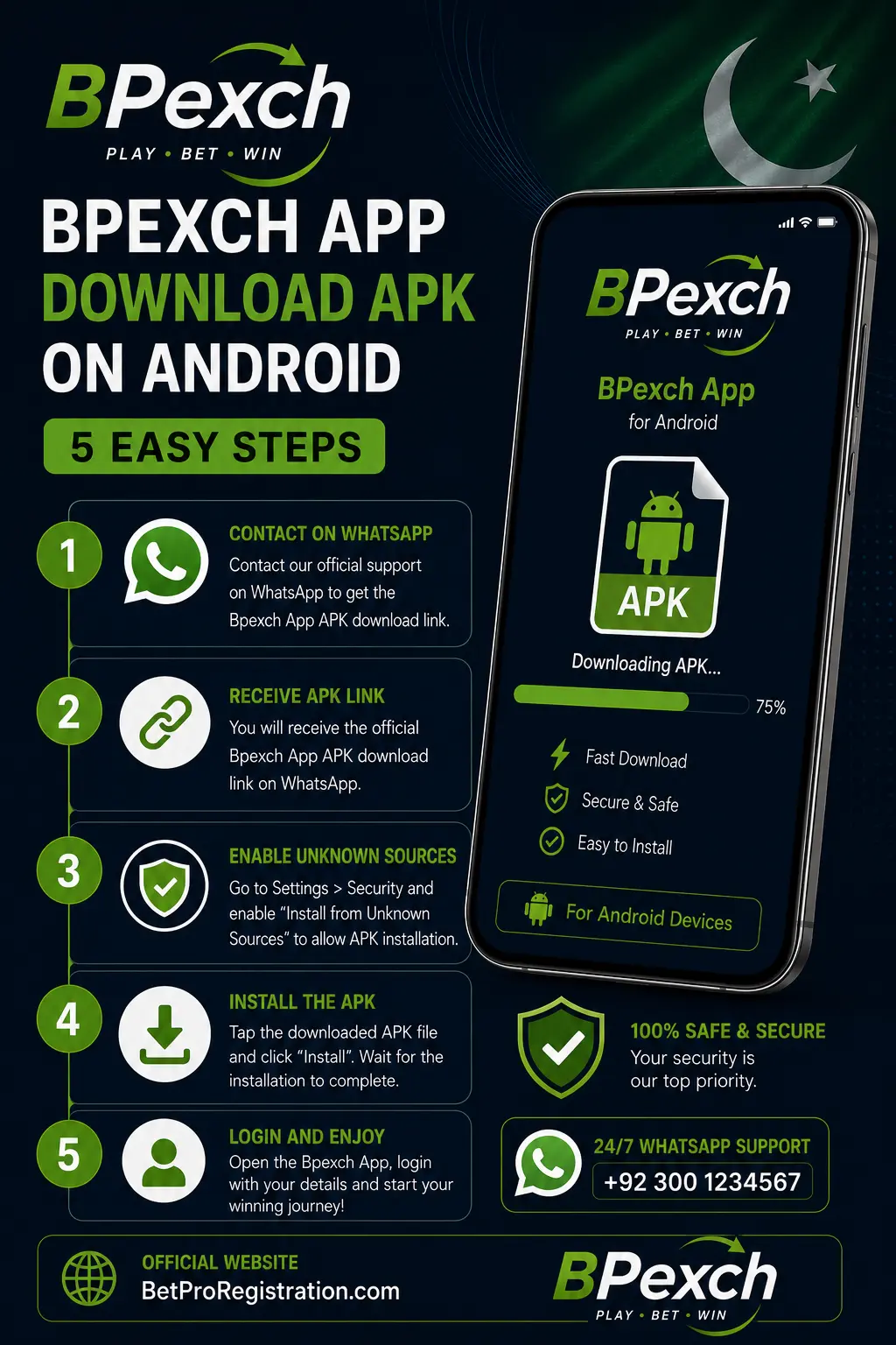Step-by-step BPexch app download APK installation on Android phone shown as numbered infographic for Pakistan users Step-by-step BPexch app download APK installation on Android phone shown as numbered infographic for Pakistan users