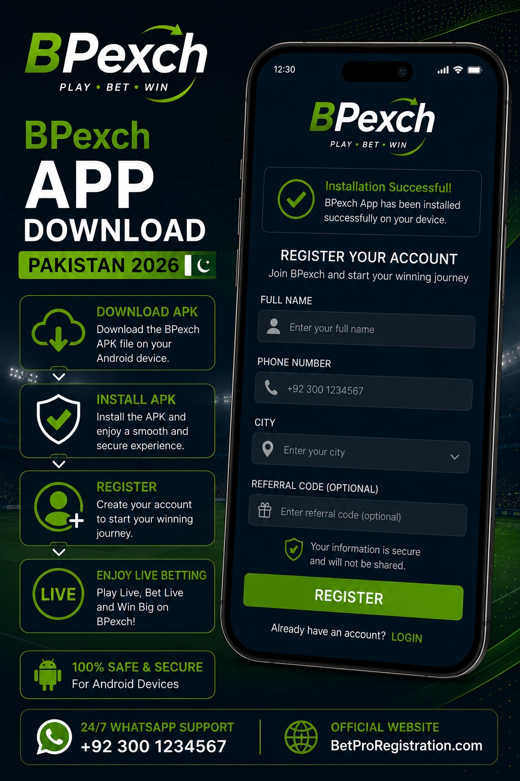 BPexch app download and registration screen shown on Android phone for Pakistan users 2026