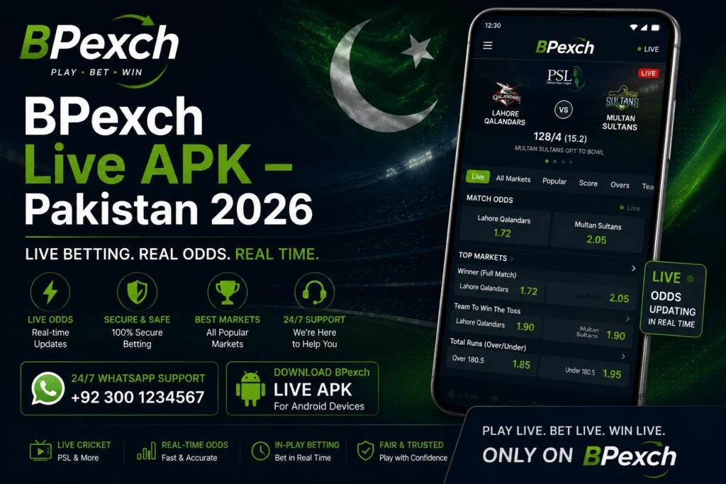 BPexch live APK download guide showing live cricket betting screen on Android phone for Pakistan users 2026