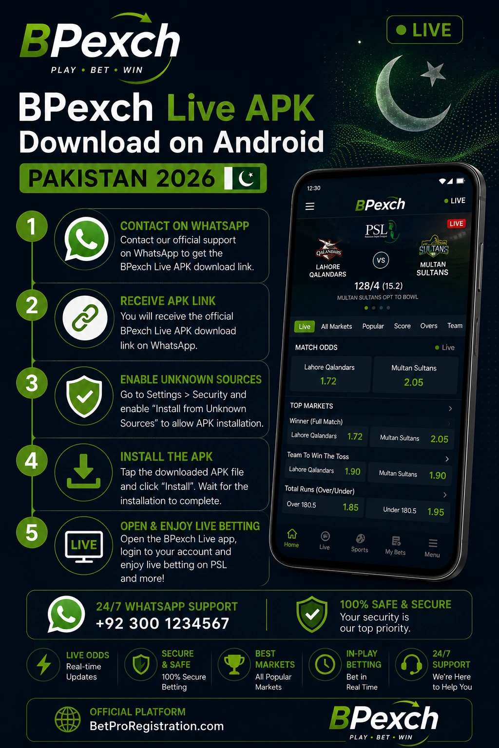 BPexch live APK download and installation steps shown on Android phone for Pakistan users as numbered guide