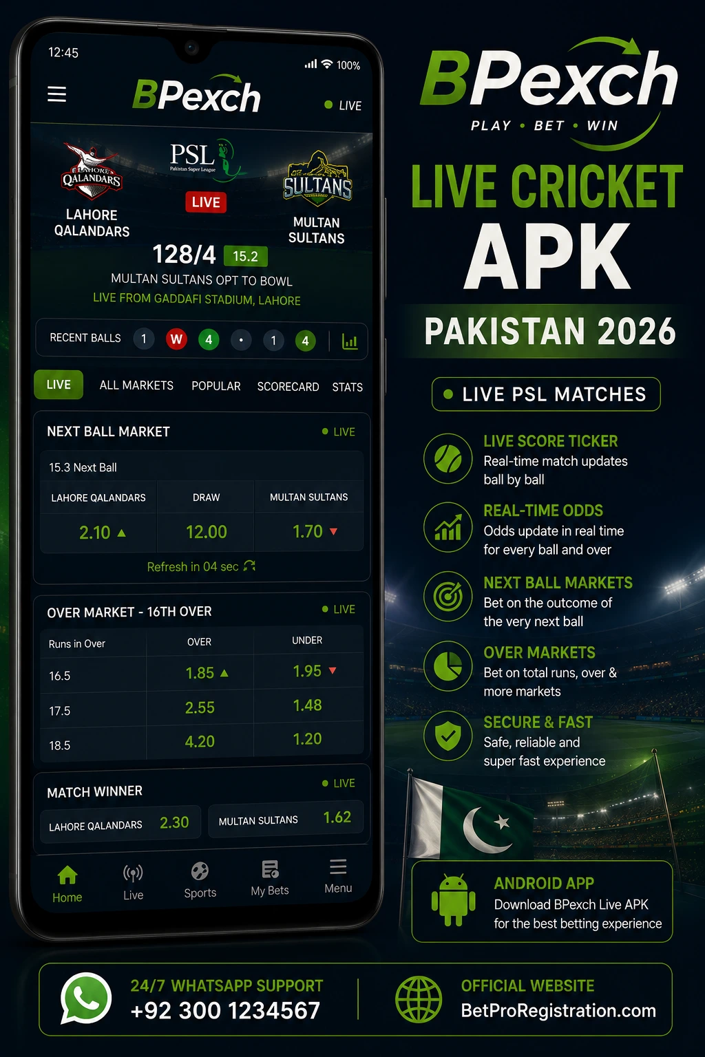 BPexch live cricket APK showing in-play PSL and IPL betting odds updating in real time on Android phone
