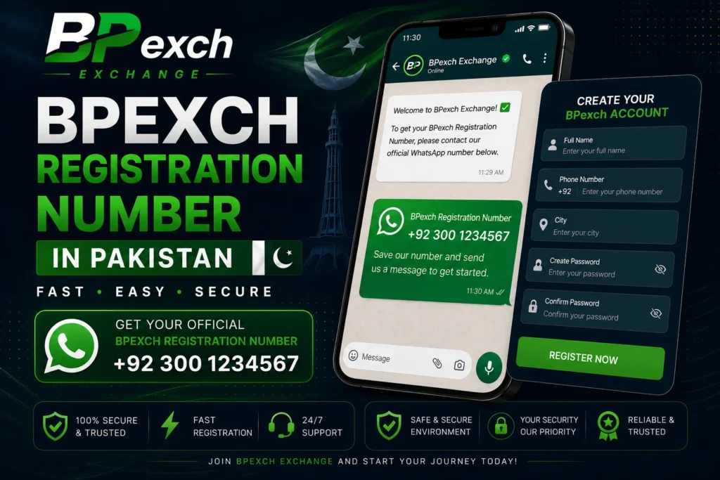 BPexch registration number guide showing WhatsApp contact and registration form on mobile for Pakistan users