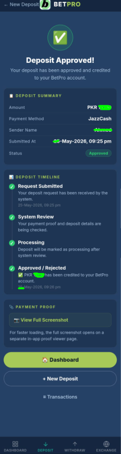 BetPro Vault deposit status screen — confirmation showing deposit pending or approved in Pakistan
