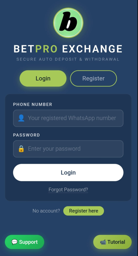 BetProExch app login screen — username and password fields with login button for Pakistani users