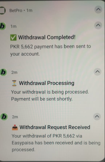 BetProExch app push notification on phone lock screen — deposit confirmation alert for Pakistan users