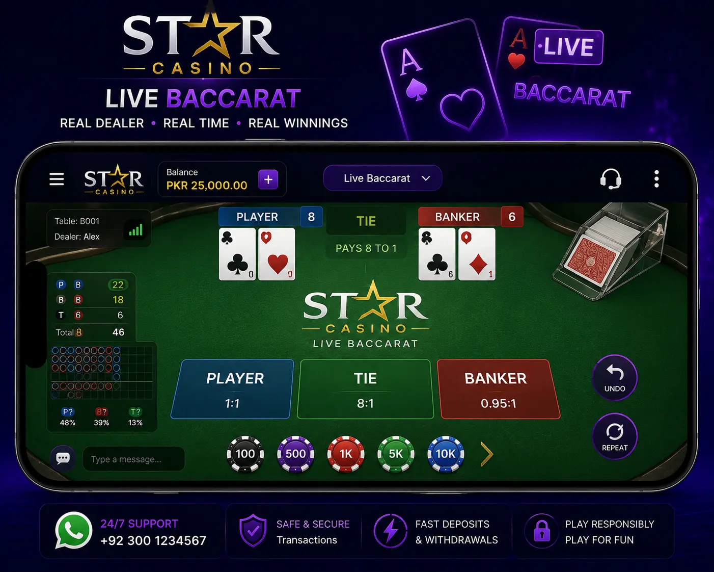 Star Casino game showing live baccarat table with dealer on mobile screen for Pakistani users