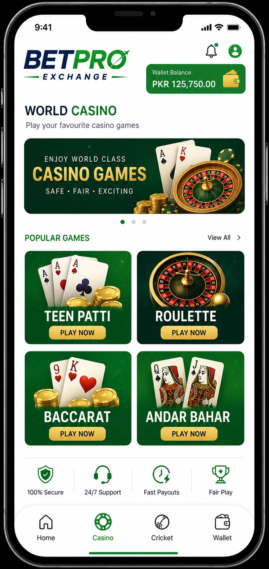 World casino betting ID on BetPro Exchange Pakistan — mobile screen showing world casino games lobby with Teen Patti Roulette and Baccarat