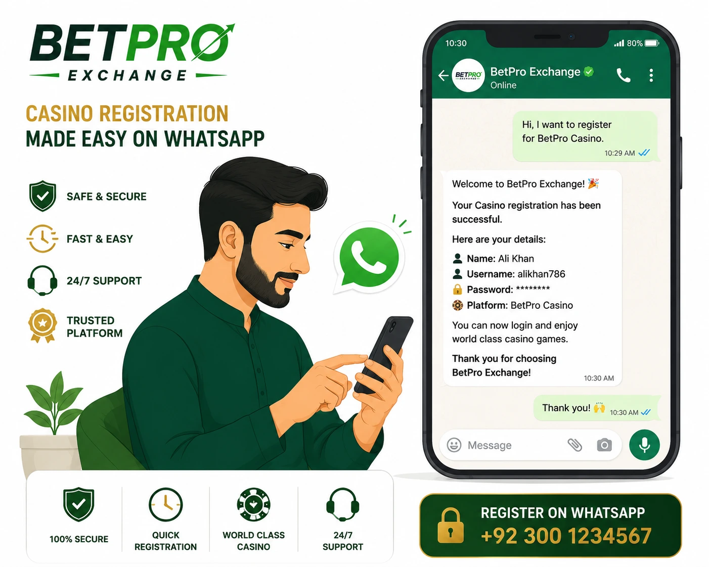 Pakistani user registering for a world casino betting ID on BetPro Exchange via WhatsApp on an Android phone