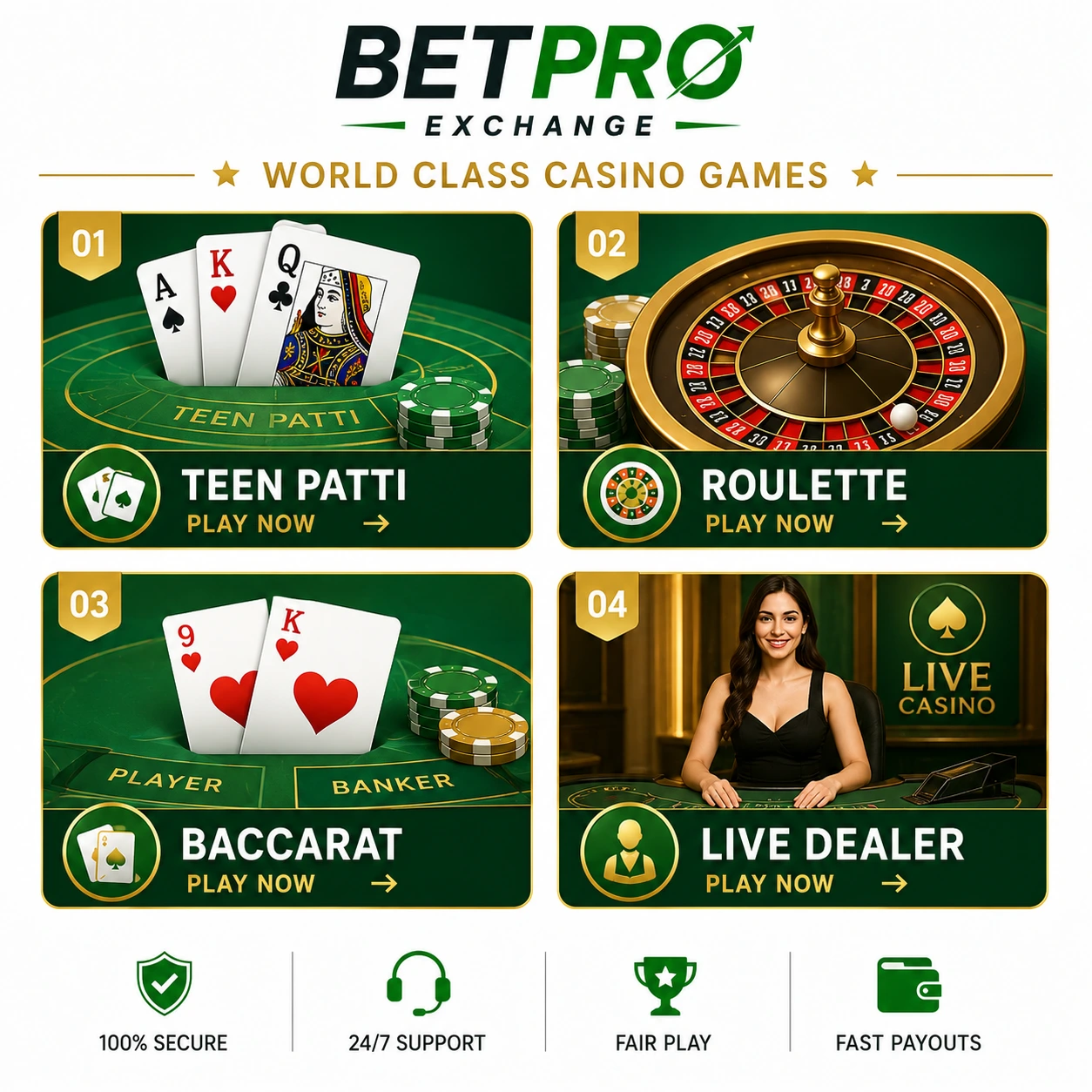 World casino games available on BetPro Exchange Pakistan including Teen Patti Roulette Baccarat and live dealer tables