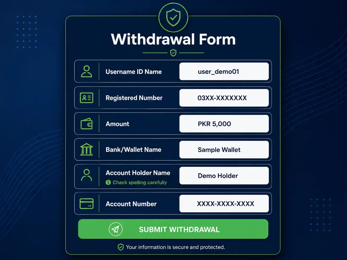 Withdrawal form showing the details required for a request