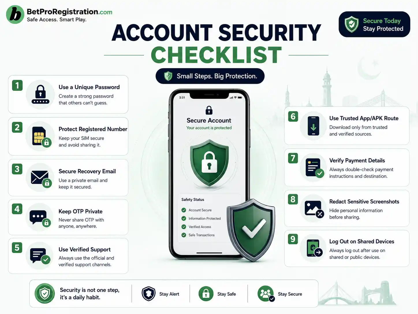 BetPro account secure checklist for passwords OTP app and payments