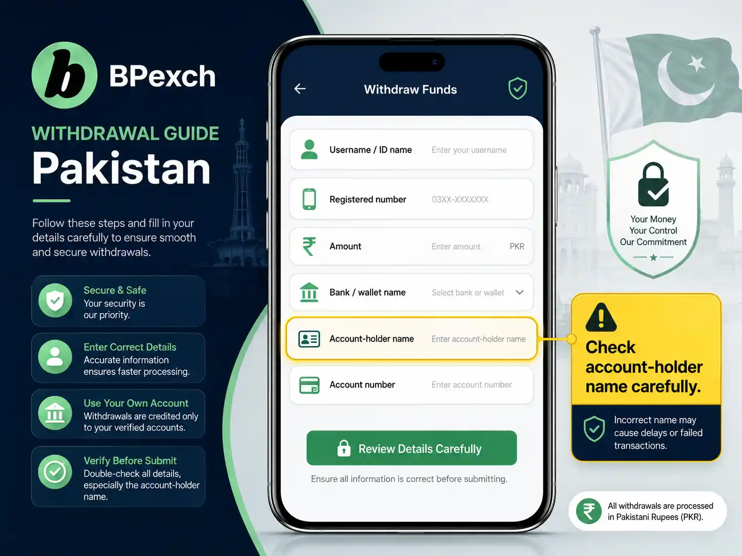 BPexch withdrawal form details and account holder name check
